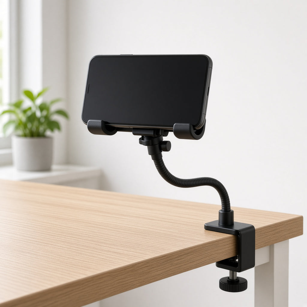 Black gooseneck phone holder clamped to a desk