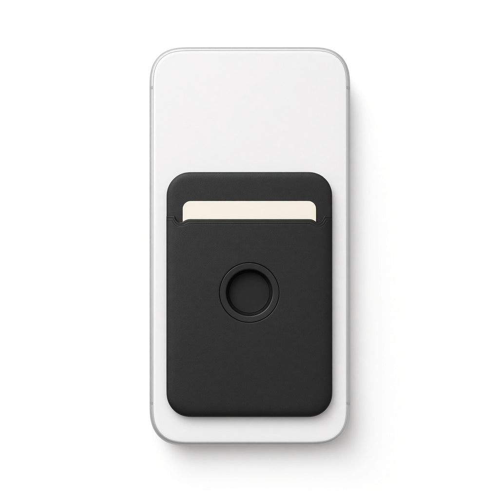 Black magnetic wallet on the back of a white phone