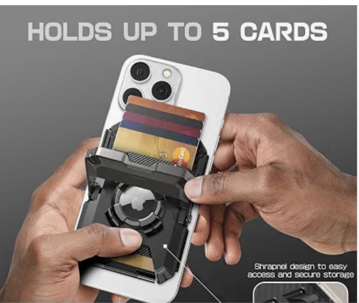 Hands sliding cards into the magnetic wallet, which holds up to 5 cards