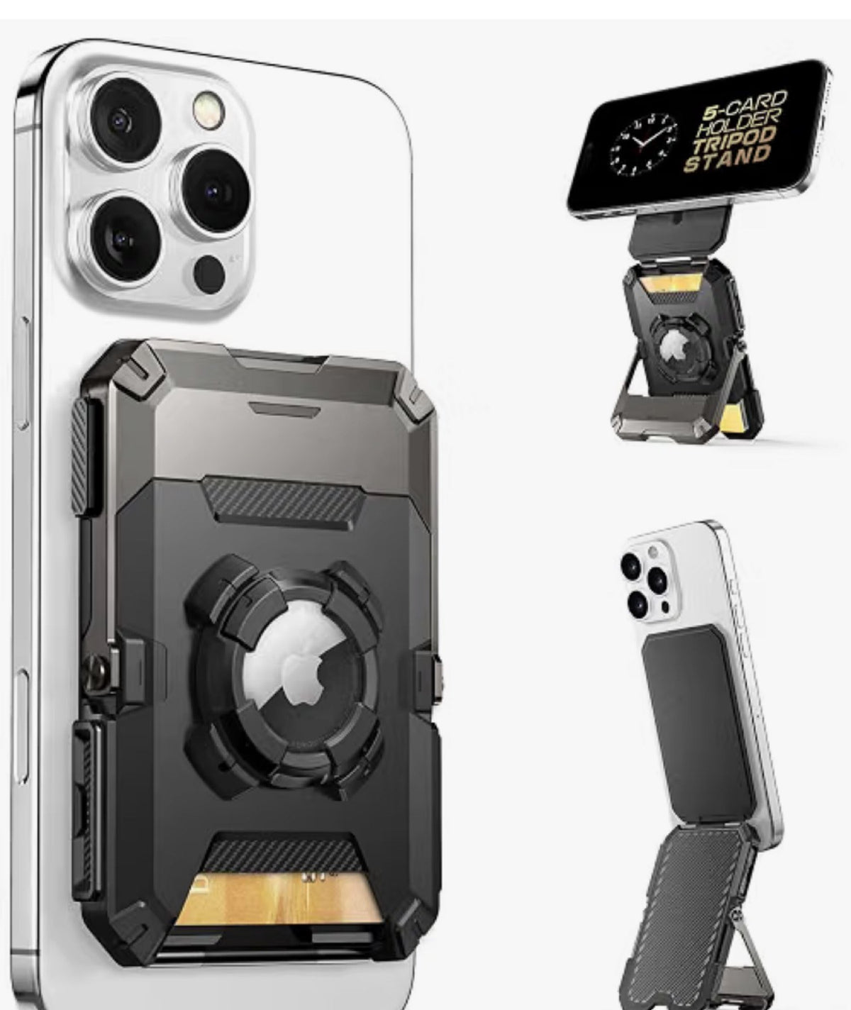 Magnetic wallet stand shown flat, as a tripod, and folded on a phone