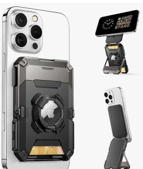 Magnetic wallet stand shown flat, as a tripod, and folded on a phone