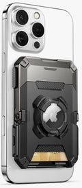 Black magnetic wallet with AirTag window and card slot on a white phone