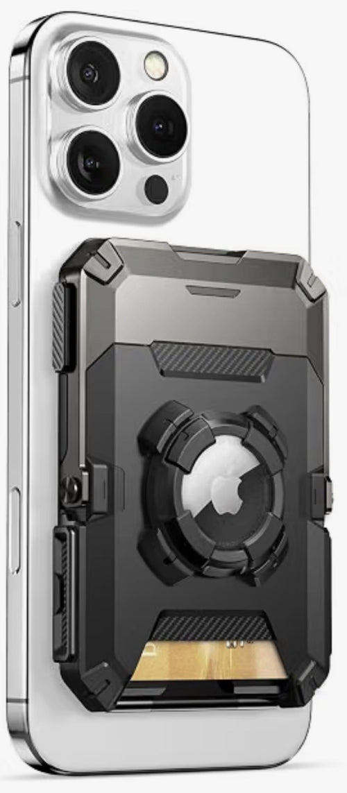 Black magnetic wallet with AirTag window and card slot on a white phone