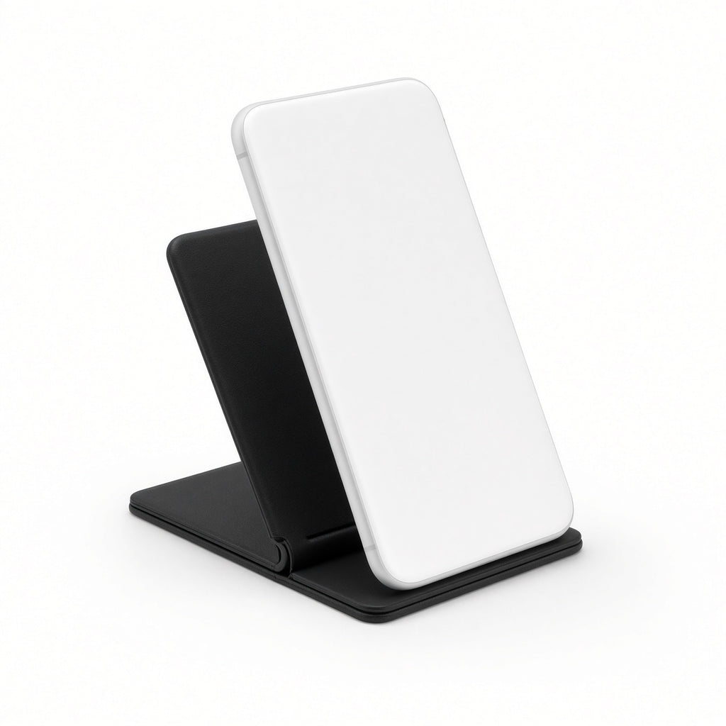 Black magnetic wallet folded out as a phone stand