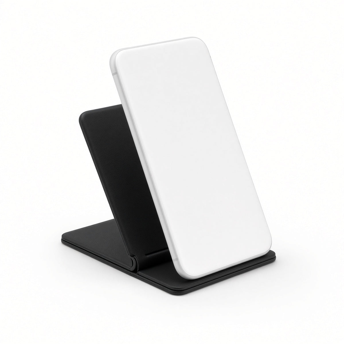Black magnetic wallet folded out as a phone stand